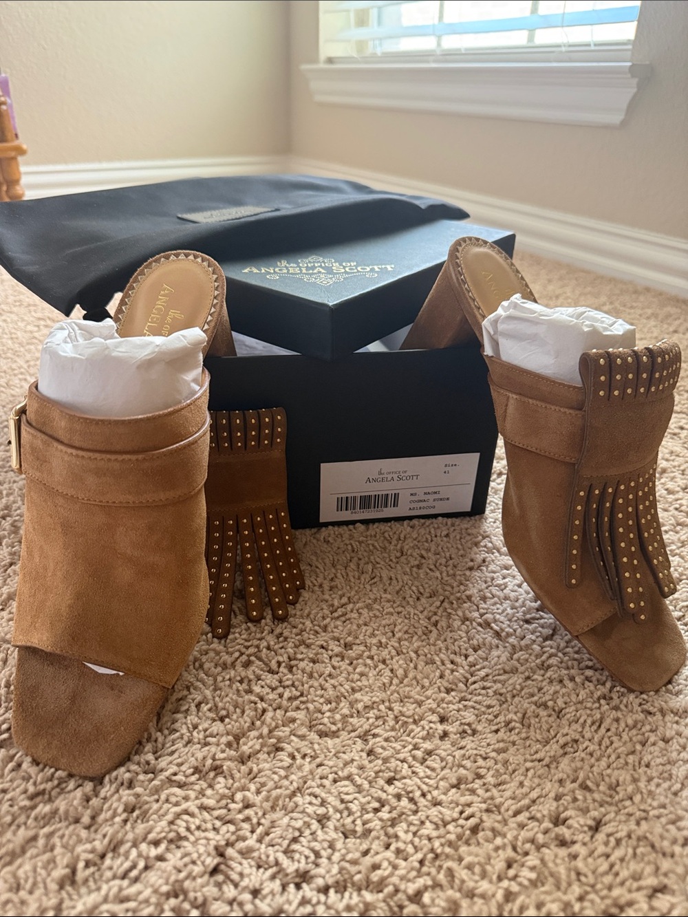 The Office of Angela Scott Cognac Suede Ms.Naomi Fringe Open-Toe Mule